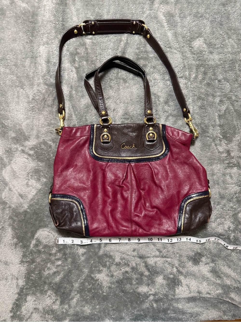 Coach Two-Tone Burgundy and Brown Leather Shoulder Tote
